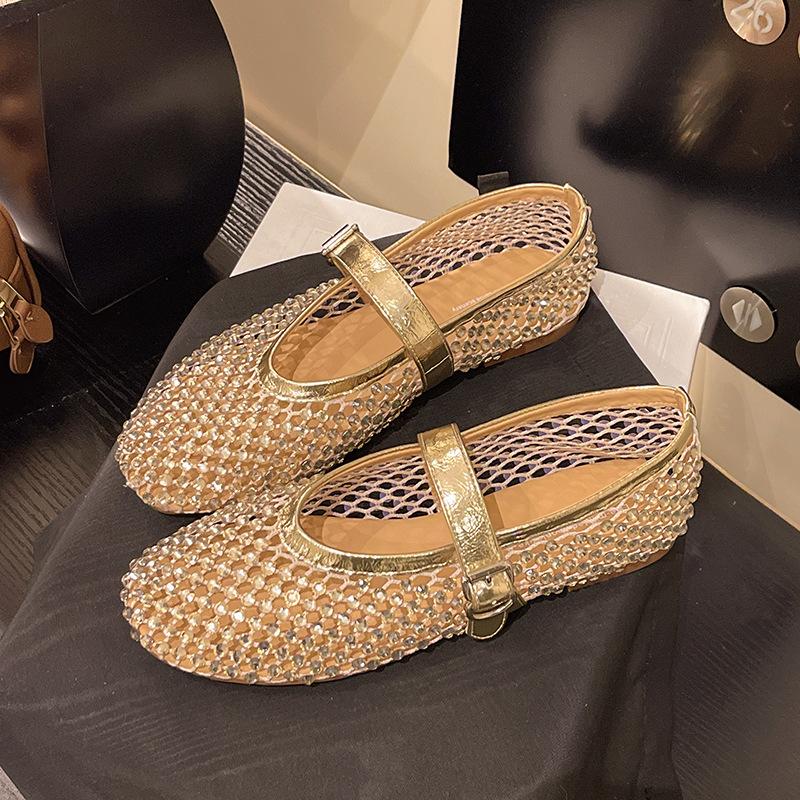 2025 New Flash Diamond One-word Buckle with Flat-soled Single Shoes Mary Jane Shoes Fashion Mesh Breathable Women's Shoes Ballet Shoes