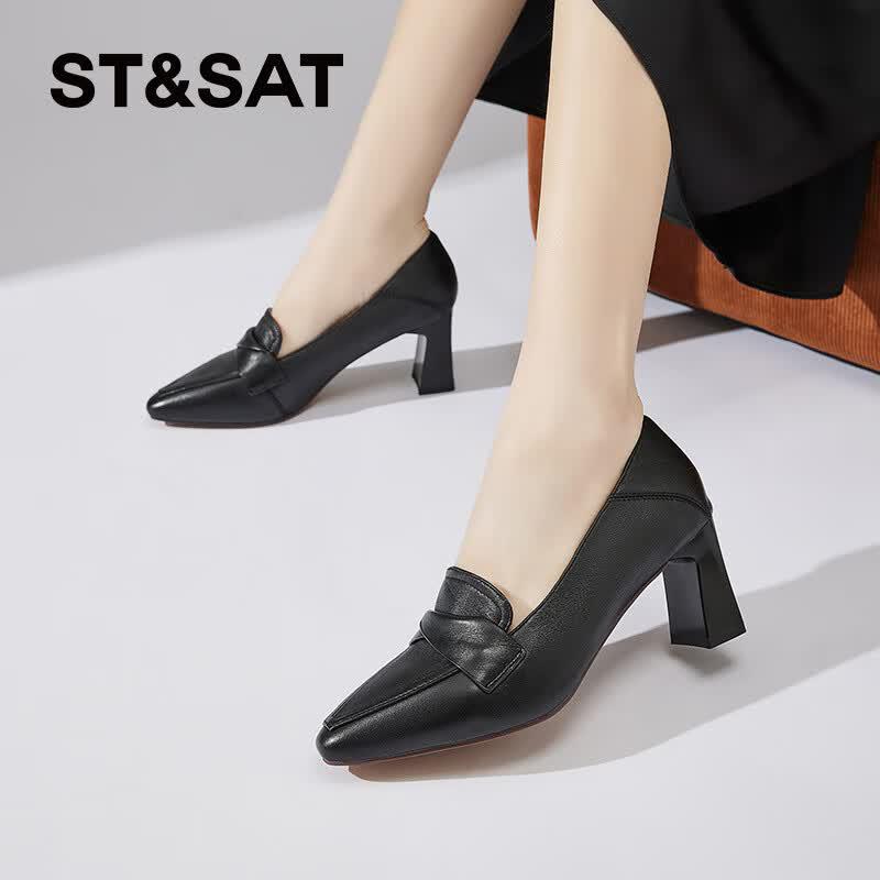 Sat. Women s Sheepskin Pointed Toe Block Heel Dress Shoes 34 чёрный