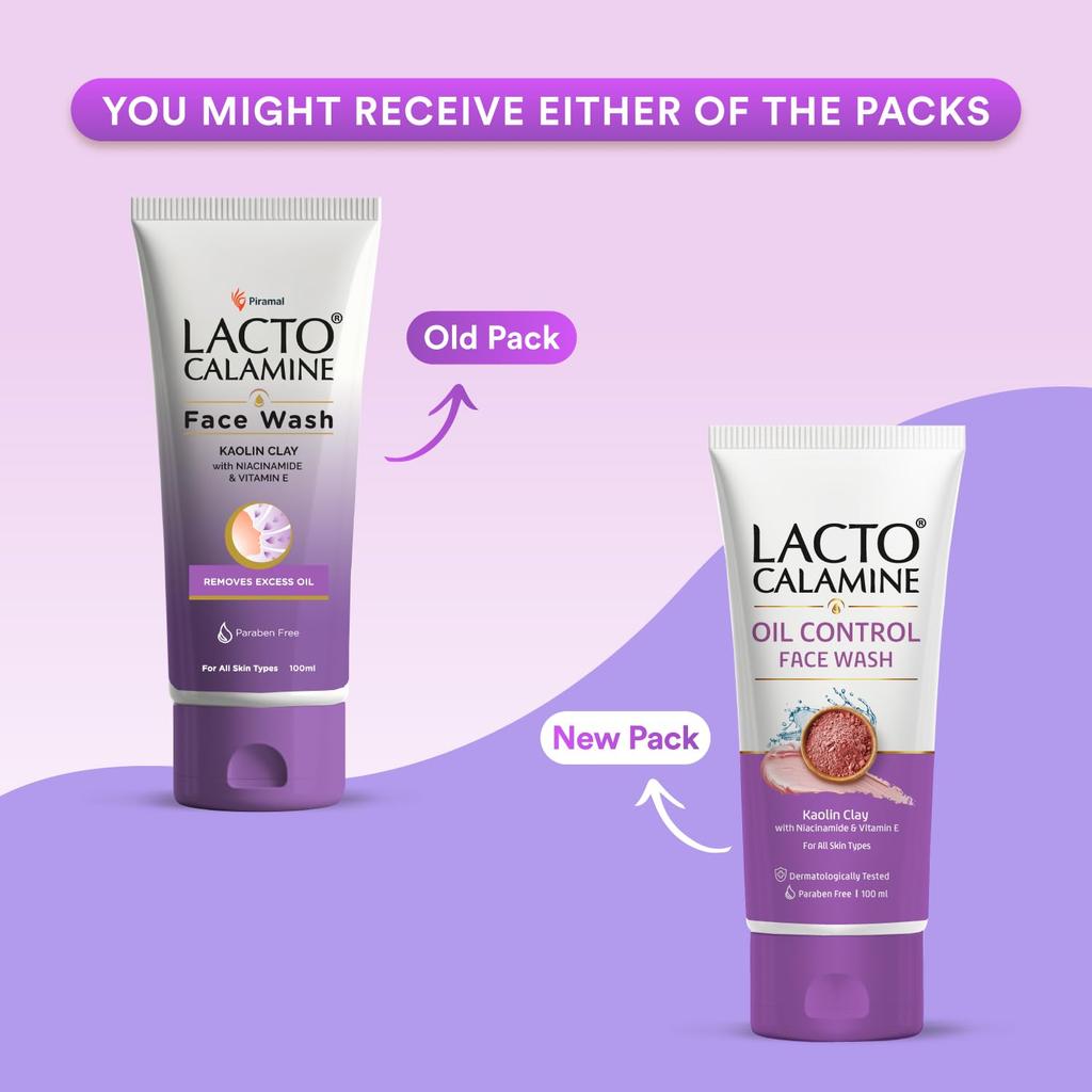 Lacto Calamine Face Wash For Oily Skin 100 ml x Pack Of 2 Oil Control Cleanser With Kaolin Clay Niacinamide Vitamin E