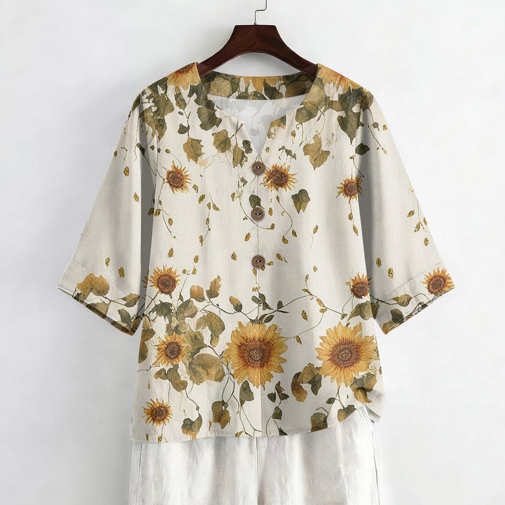 Dames Zomer Mode V-hals 3/4 Mouw Blouse Casual Losse Pasvorm Bloemenprint Top