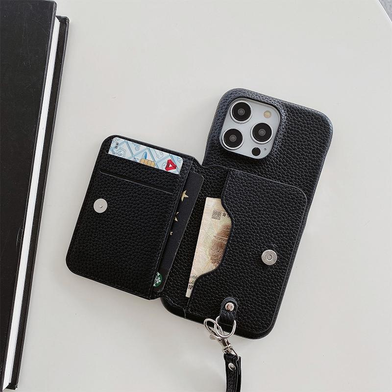 Wrist Strap Wallet Phone Case for iPhone 15 14 13 12 11 Pro Max Luxury Litchi Patterned Shockproof PU Leather Cover