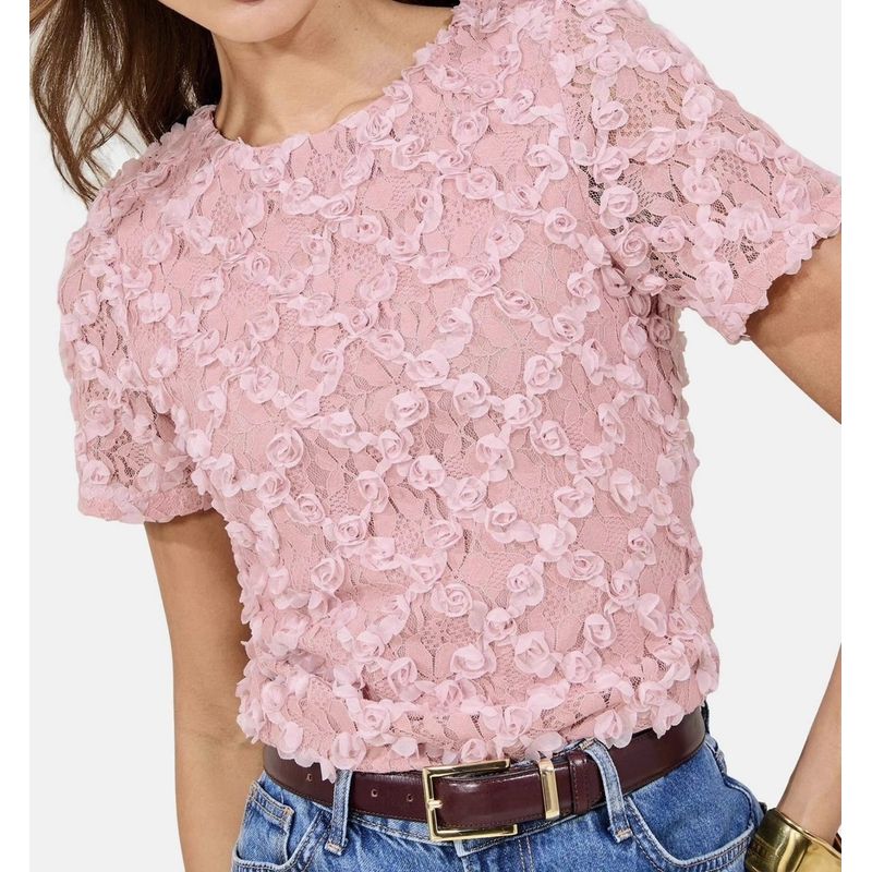 

Foreign Trade Order Li Jia 2025 Summer New Short sleeve Three-Dimensional Flower Design Slimming Lady Pink Top Shirts Pink Young Adult wind M