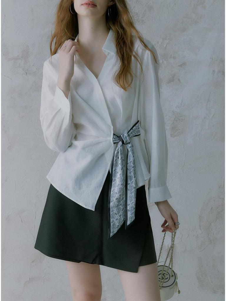 2026 Spring French Design Women's Long Sleeve Tie-Up Commuter Shirt - High-End White Top