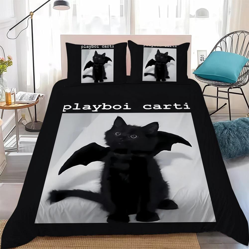 Playboi Carti Musik Bettwäsche Set 3D Druck Bettbezug Kissenbezug Einzelbett Twin Größe Geschenk für Schüler Erwachsenen 2/3-teiliges Set Heimdekoration 155x200cm gray