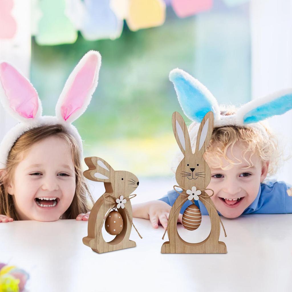 Wooden Easter Bunny Decor 2 Pieces Holiday Decoration Spring Table Centerpiece for Home Office Apartment Living Room Bedroom