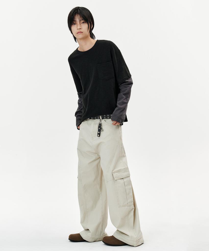 DEEP SENSE Slit Cargo Curved Pants - Beige