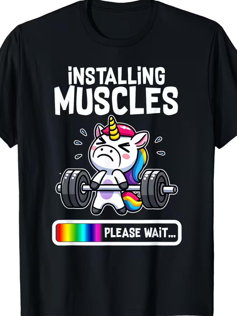 

Funny Unicorn Installing Muscles Graphic T-Shirt | Rainbow Weightlifting Design XL