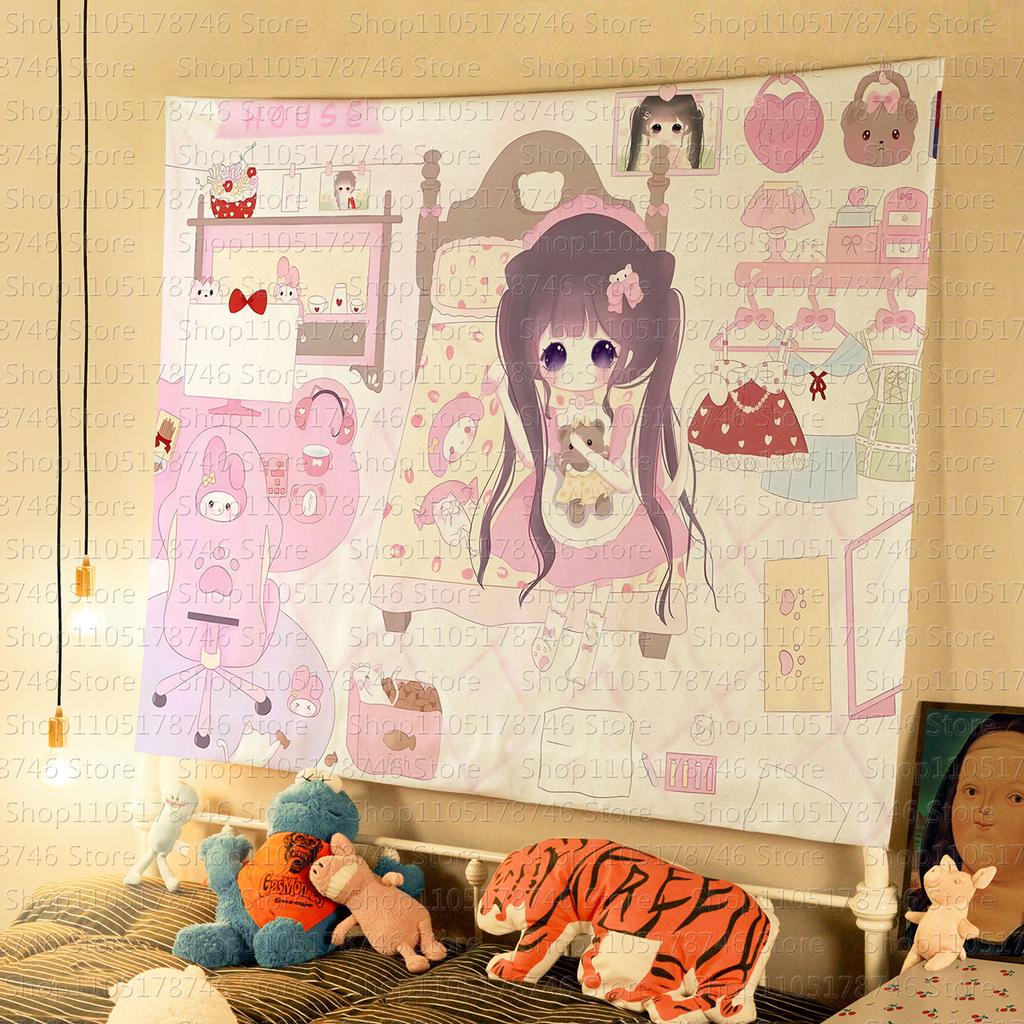 Kawaii Style Girl Hanging Cloth Cartoon Dormitory Bedroom Bedside Tapestry Wall Background Cloth Rental House Decorative Cloth