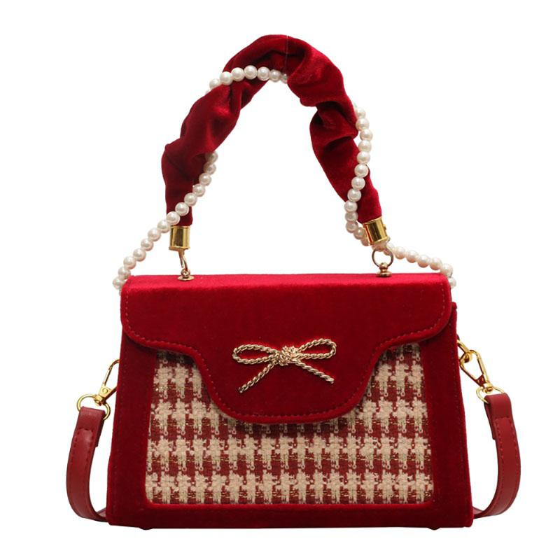 Luxury Red Plaid Bow Crossbody Bag Pearl Velvet Texture Women's  Spring New Handbag Simple Fashion Temperament Wedding Bag