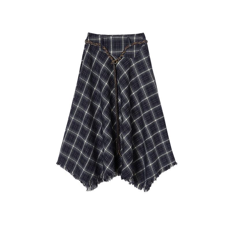 Xiangying Irregular Plaid Wool Blend A-line Skirt