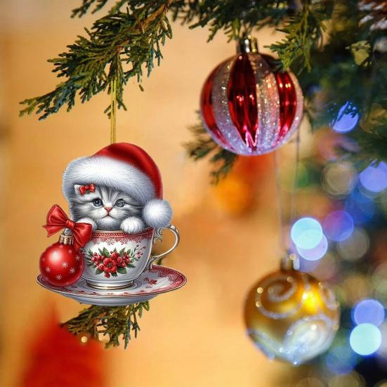 Acrylic Teacup Cat Hanging Ornaments Cute Cartoon Cat Christmas Ornament 2D Flat Car Mirror Charm for Christmas Tree Decoration KTY