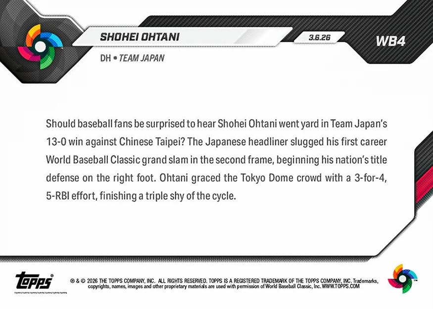 Topps NOW WBC Shohei Ohtani 2026 WBC Shohei Memorable Career WBC Grand Slam Home WB4 [Trading Card] - Ohtani's "first Run"