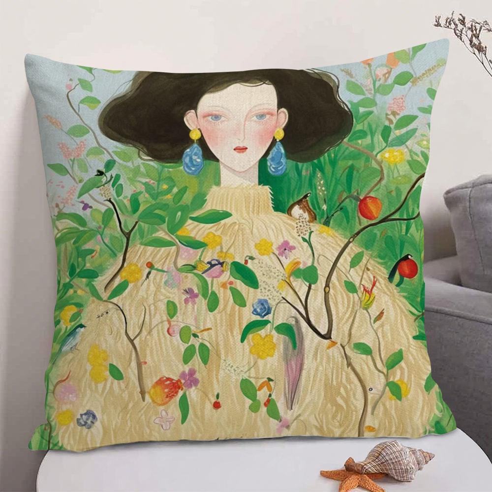 1PC Fashion Illustration Cushion Cover Natural Linen Organic Fabric DoubleSided Printing Sofa Home Decor Gift Pillow Case