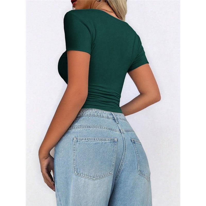 Women's Short Sleeve Square Neck Slim Fit Navel T-Shirt