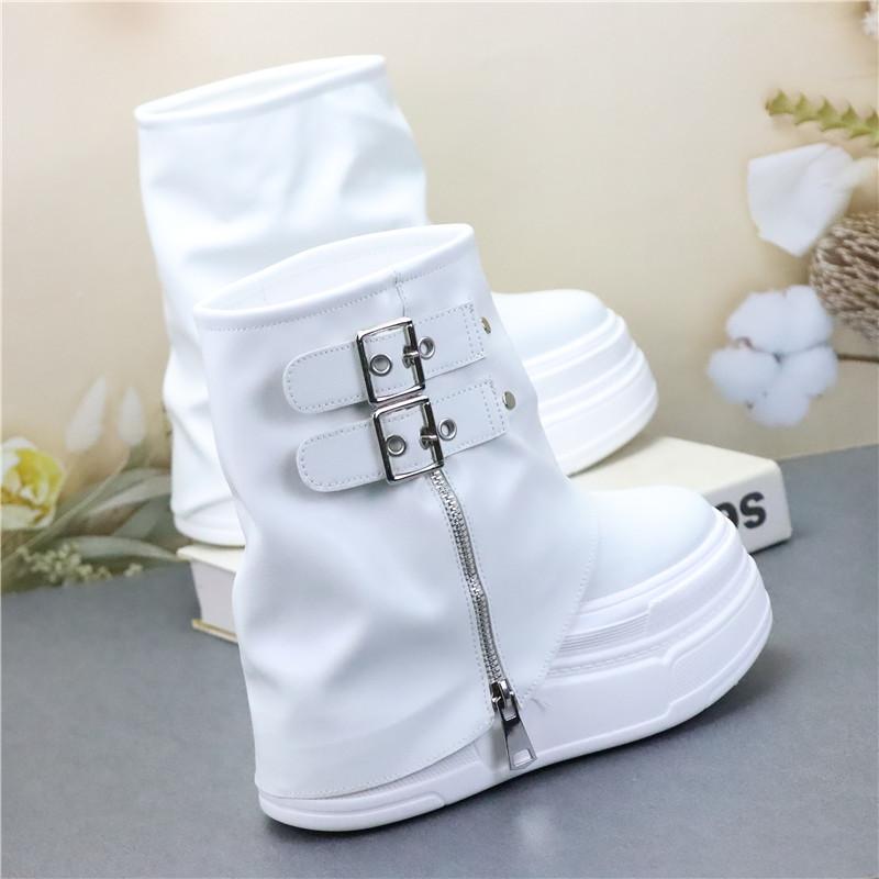 Scarpe alla Moda per Donna Nuovi Stivali al Polpaccio Piattaforma Alta 12CM Stivali Moderni Fibbia Cinturino Scarpe Punk Zip Femminile Stivali da Motociclista in Pelle