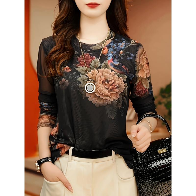 Women's Elegant Floral Print Crew Neck Long Sleeve T-Shirt - Semi-Sheer High Elasticity Top with Peony & Bird DesignSpring/Fall Casual Blouse
