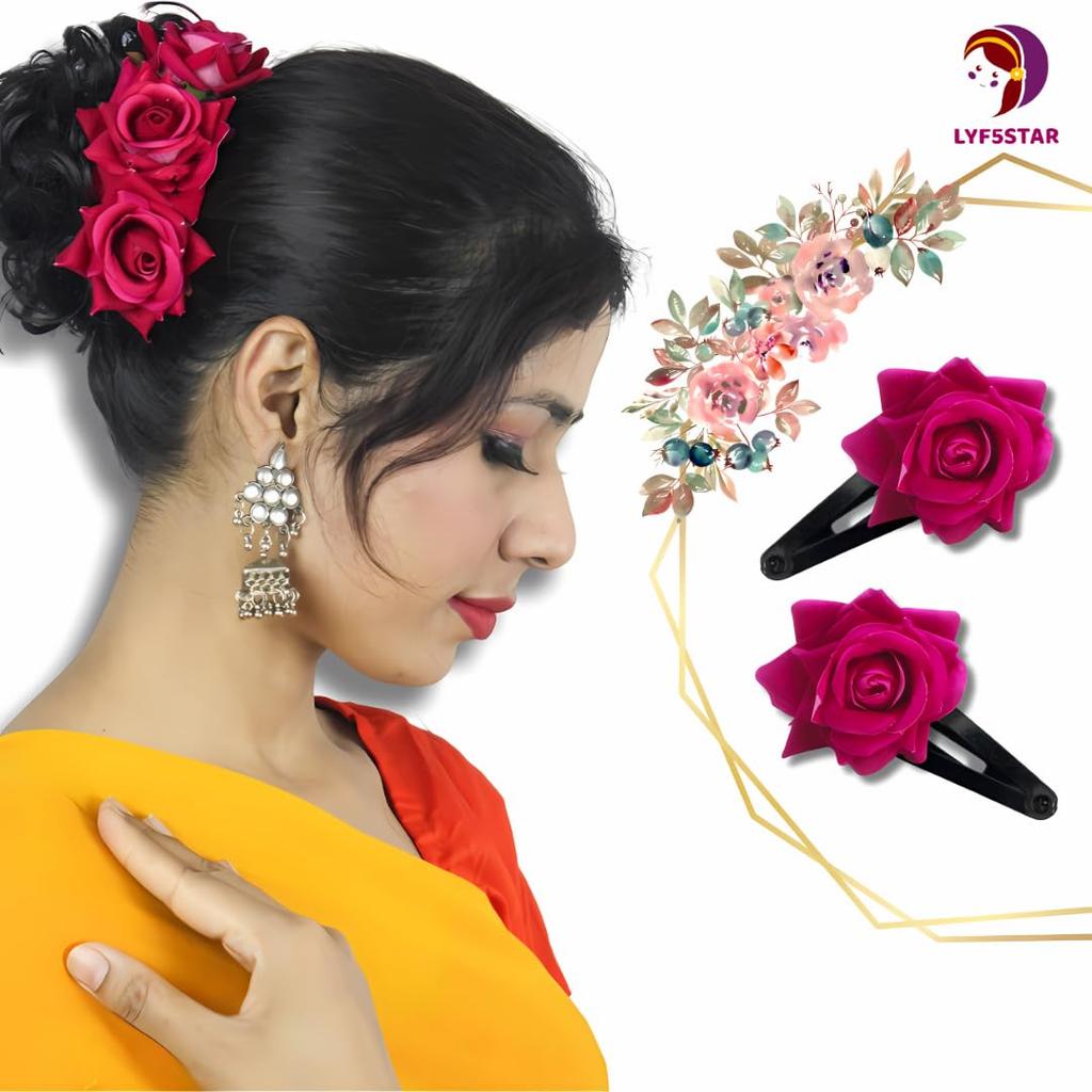LYF5STAR Handmade Artificial Dark Pink Rose Flower Tiktok Hairpin | Bridal Hair Accessories | Artificial Dark Pink Rose Hair pin | Stylish and Eleg