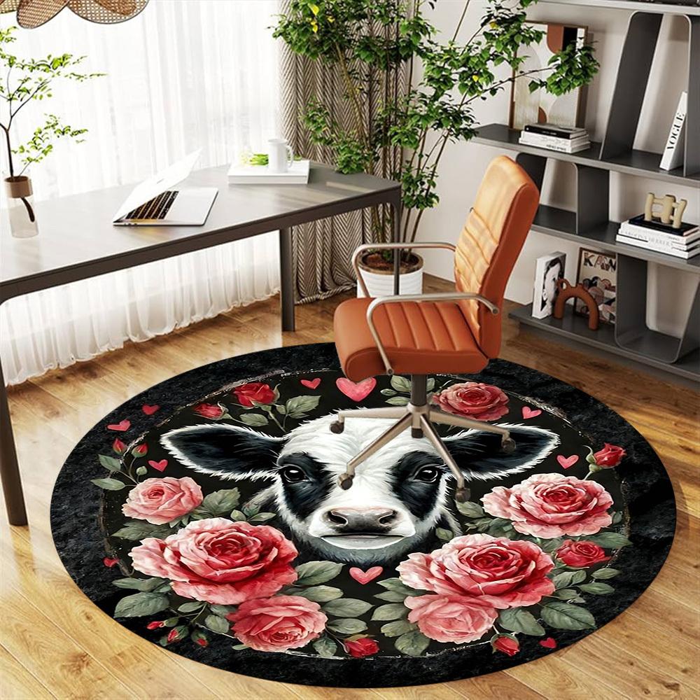 1pc Cow Roses Round Chair mat Area Rug - Non-Slip, Floor Mat for Office, Bedroom, home decor Christmas Gift-1002338