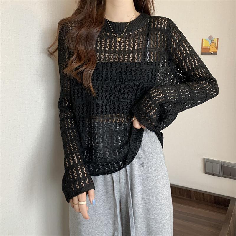 

Женский ажурный вязаный свитер для весны и лета, свободный покрой, солнцезащитный чехол с длинными рукавами, уникальный топ 2XL чёрный