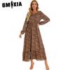GMXIA Spring Summer Bohemian Women Maxi Dress Casual Long Sleeve High Waist Beach Dress Women Floral Chiffon Dresses Vestidoes Mujer New