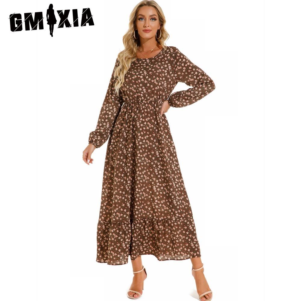 GMXIA Spring Summer Bohemian Women Maxi Dress Casual Long Sleeve High Waist Beach Dress Women Floral Chiffon Dresses Vestidoes Mujer New