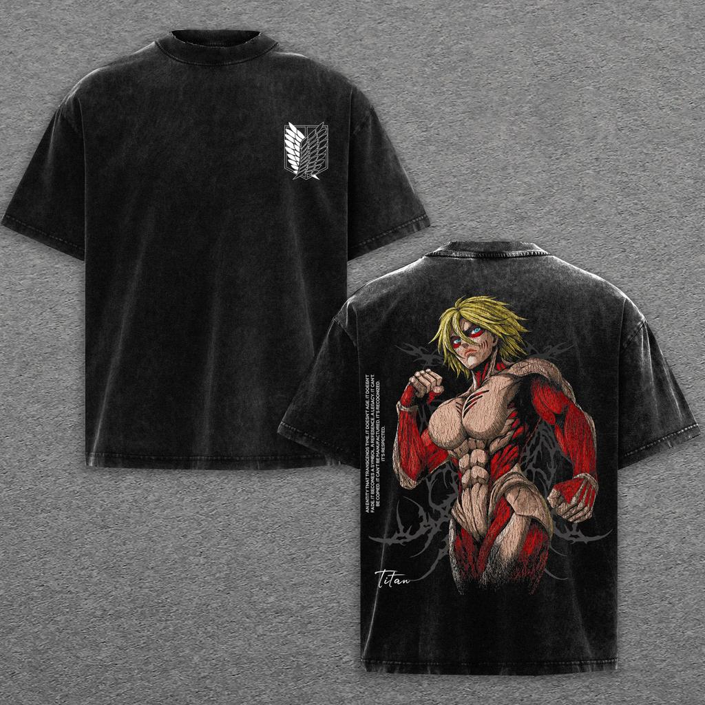 Attack on Titan Female Titan T-shirt Anime Vintage Washed T Shirt Men Women Clothing Summer Street Fashion Cotton Tees Clothes