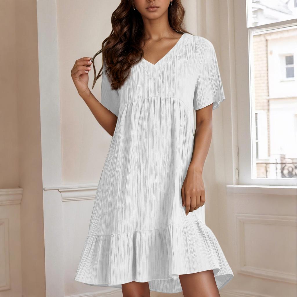 Ladies' Casual And Fashionable Solid Color Dress, Loose Short Sleeved Waist Cinched Dress