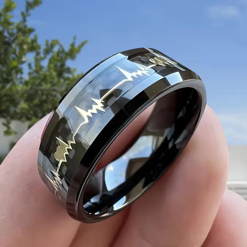 Vintage Carbon Fiber Heartbeat Couple Rings Fashionable Hand Jewelry For Lovers