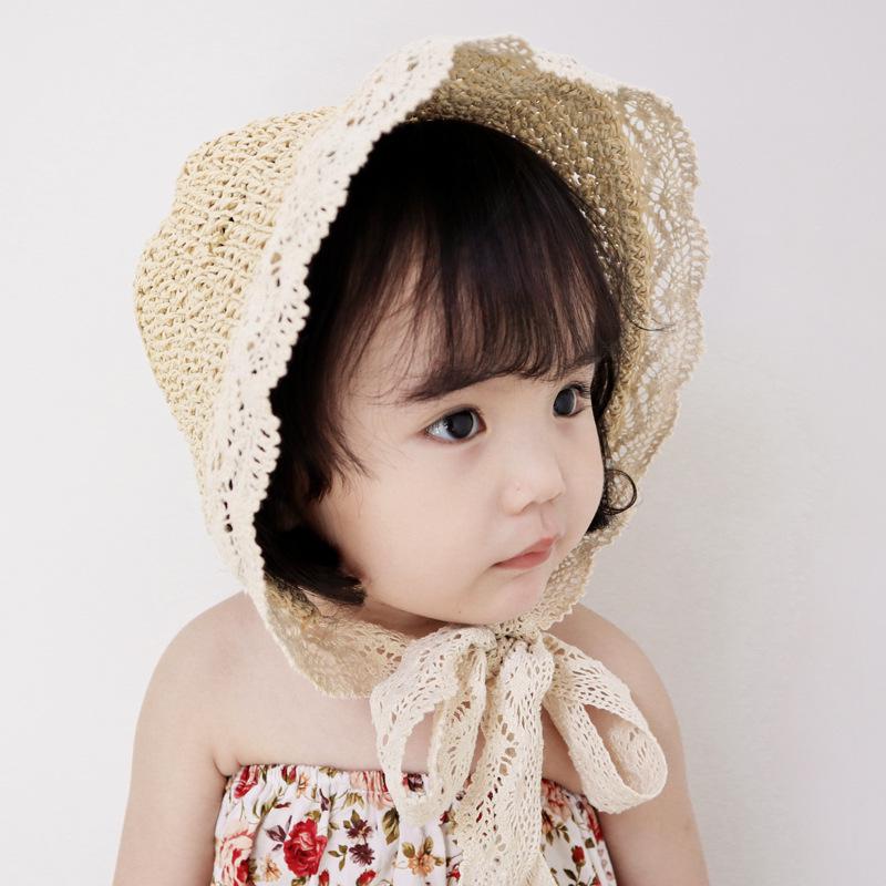 Cute Lace Girls Straw Hat Summer Bow Girls Boys Sun Cap Wide Brim Sun Protection Kids Fisherman Hat Beach Panama Caps