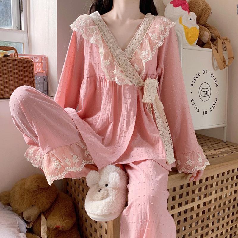 Women's Autumn Princess Style Long Sleeve Pajama Set - Sweet Retro Kimono Design