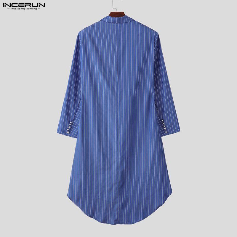 INCERUN Men Lapel Neck Long Sleeve Striped Irregular Splits Casual Long Shirts Tops