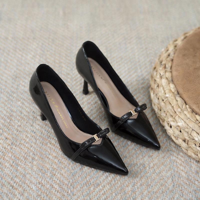 

Retro temperament bow high heels women s pointed head thin heel design sense single shoes spring CM 34 чёрный