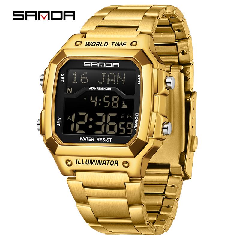 Relógio Digital SANDA 2173 Hora Mundial com Função Azan Pulseira de Aço À Prova d'Água Multifuncional Lembrete de Oração Relógio de Pulso
