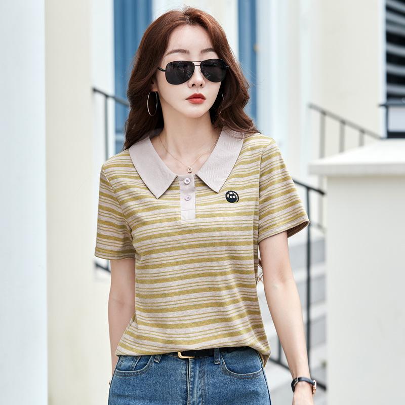 Summer Women's Embroidery Slim Slim Striped Lapel Short Sleeve T-shirt