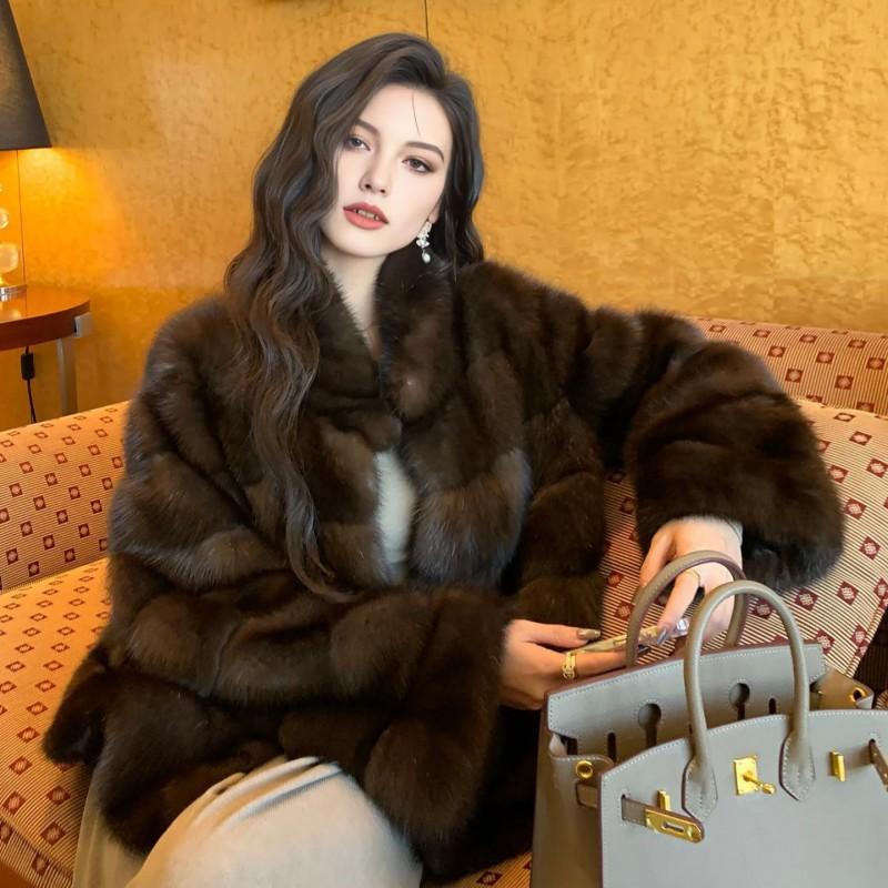 Womens Faux Mink Coat With Stand Collar Thick Winter Warm Mid-Length Artificial Fur Jacket Office Elegant Style