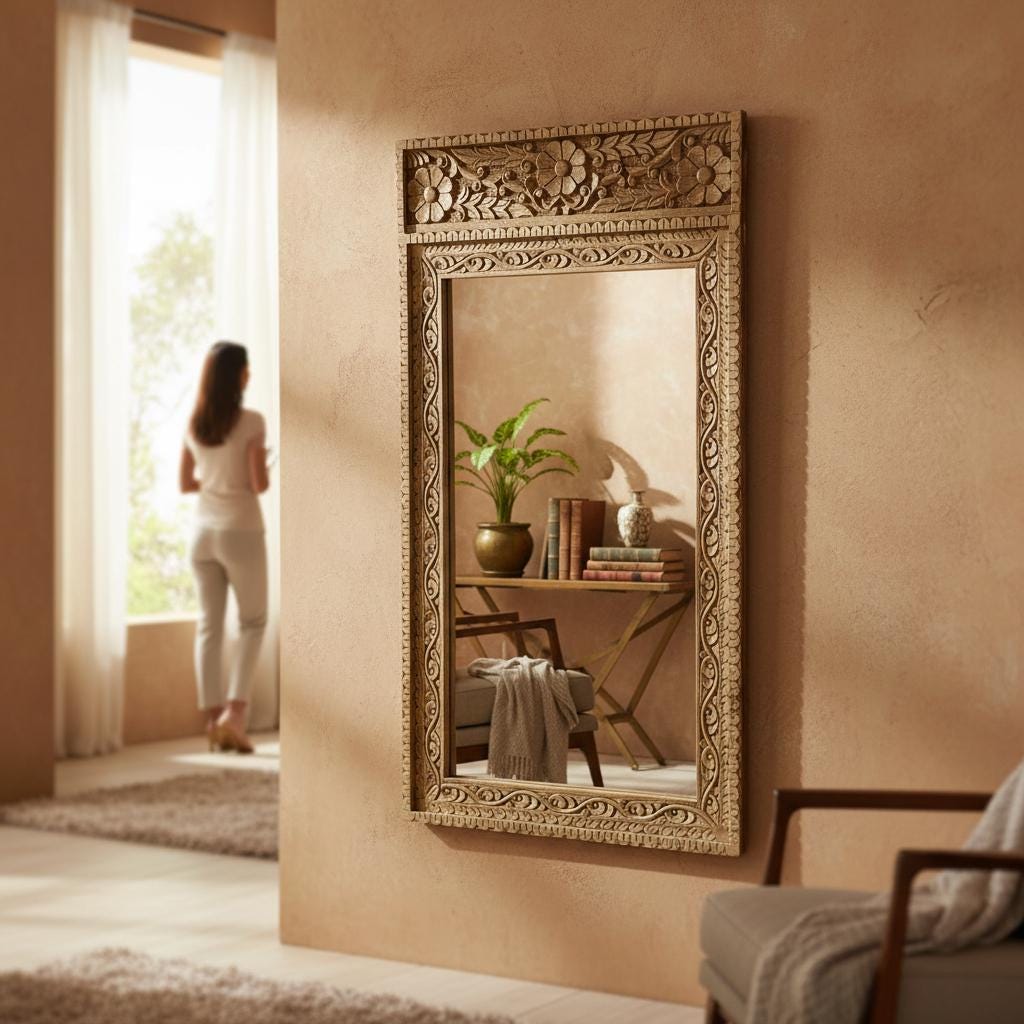 Wooden Carved Wall Mirror Decor-Bedroom Mirror Home Decor Wall-Carved Wooden Wall Mirror with Floral Design-Floral Frame Glass Mirror