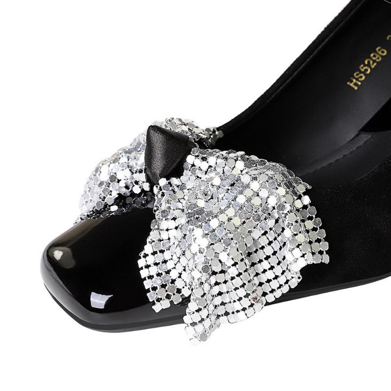 Fashion Korean Version Of One-Length Strip Rhinestone Buckle Single Shoes Square Toe Thick Heel Sequin Bow Mid-Heel Women's Shoes
