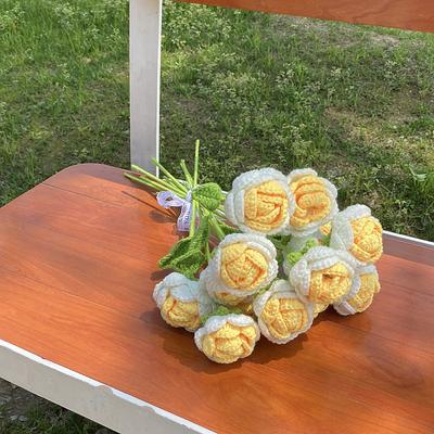 6PCS Artificial Handmade Knitting Rose Crochet Roses Flowers Woven Fake Flowers with Stems for Mom Gifts Home Wedding Party Office Tables Decoration