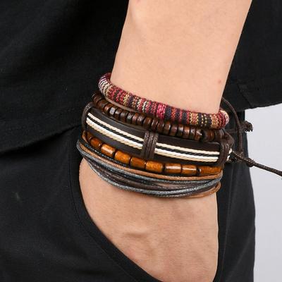 5 Pcs Multi Layer Cowhide Bracelet, Mens Beaded Bracelet Wooden Bead Designs Boho Style