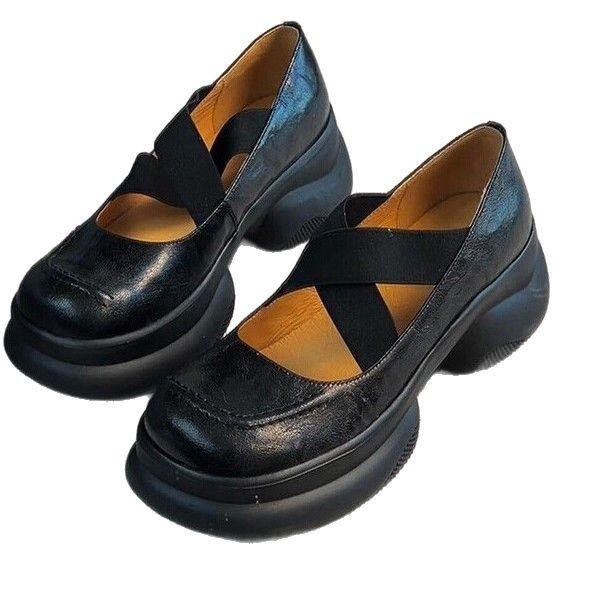 Sheepskin Version~ Thick-soled Inner Height Increase College Mary Jane Shoes Women's One-pedal New Small Leather Shoes Thick Heel Shallow Mouth Singl