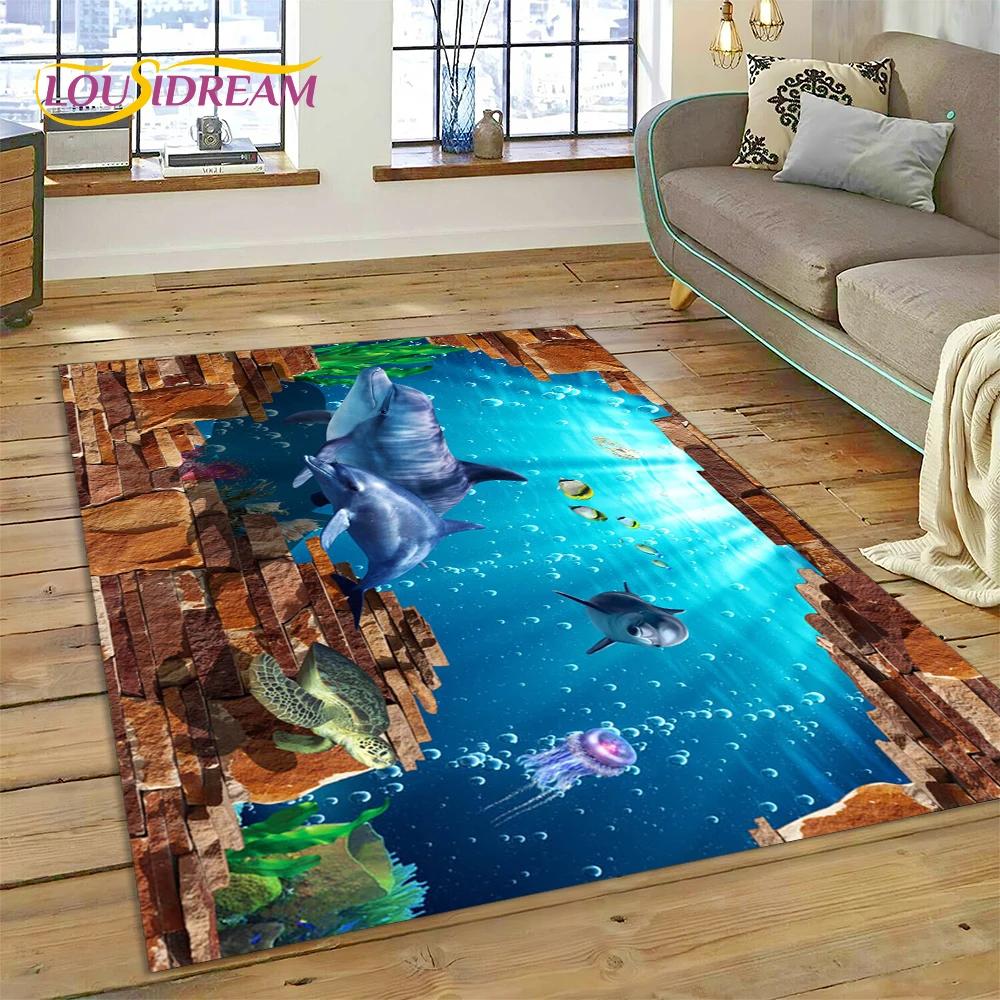 3D Illusion Unterwasserwelt Meeresboden Hai Delfin Cartoon Teppich Teppich für Schlafzimmer Wohnzimmer Sofa Dekoration, Kinderdekor Fußmatte