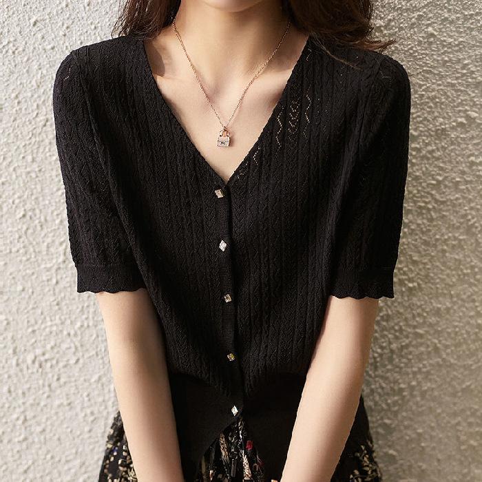 2026 Summer Women's Ice Silk Knit Cardigan: Korean Style V-Neck, Solid Color, Short Sleeve, Slim, Hollow Design, Sun Protection.