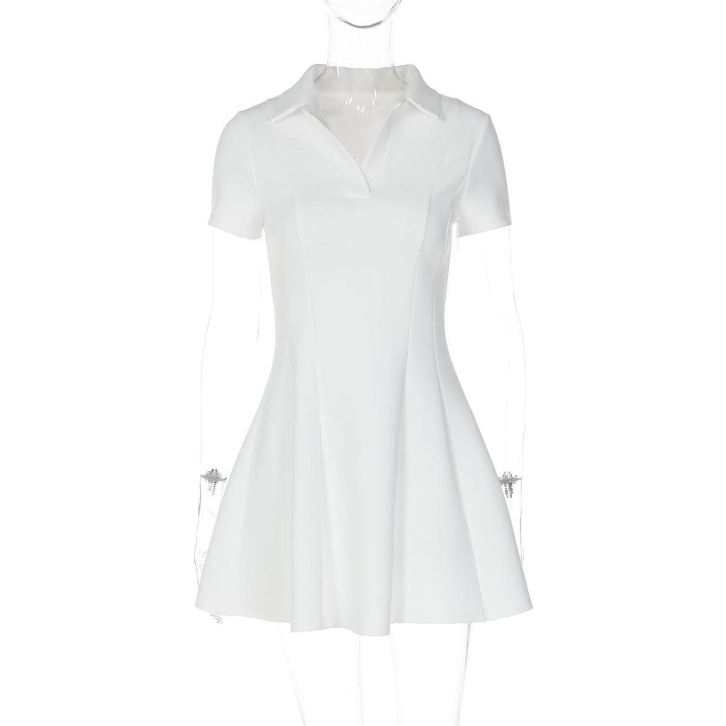 European Style Women's Solid Color Waist-Cinched Polo Collar Dress - Spring/Summer Fashion Arrival.