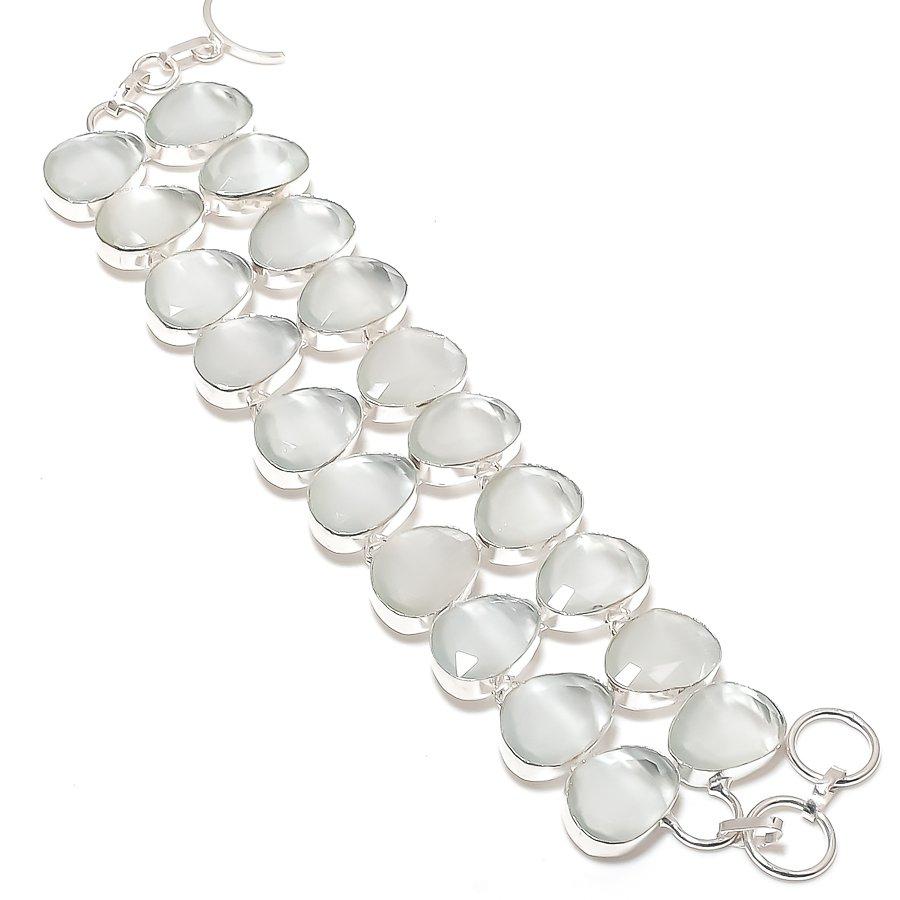Natural White Chalcedony Gemstone 925 Sterling Silver Bracelet 7-8" V8L58