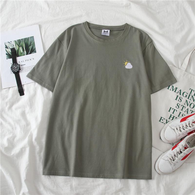 

Korean Weather Embroidery Loose Basic T Shirt Summer Short Sleeve T-Shirts for Women Harajuku Kawaii Funny Student Tshirt XXL зелений