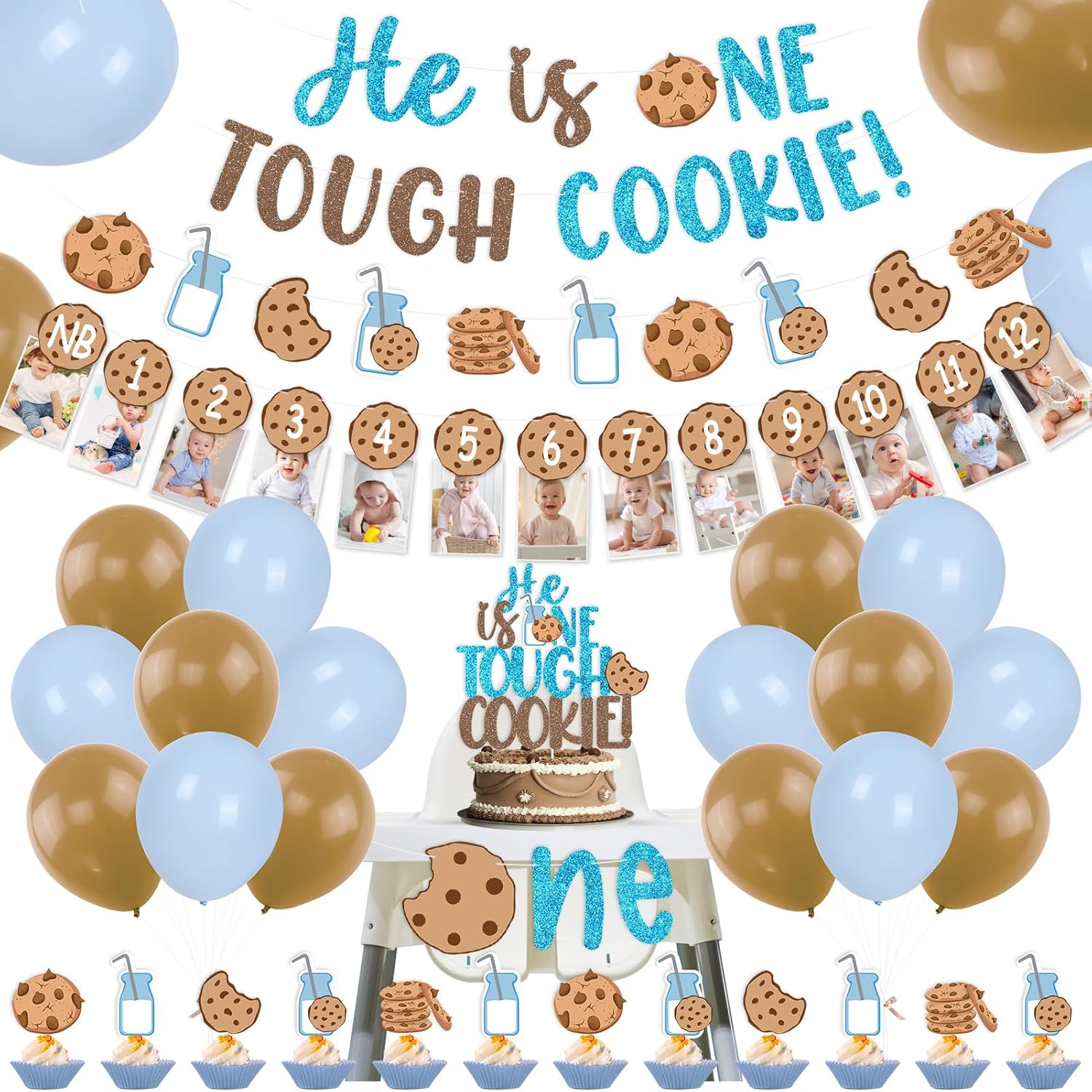 Milk and Cookies Boys First Birthday Party Decor, He Is One Tough Cookies Monthly Milestones Photo Banner Cake Cupcake Topper Balloons for Milk and