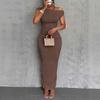 Women's Asymmetric Off Shoulder Short Sleeve Textured Ruched Side Bodycon Maxi Solid Casual Dress