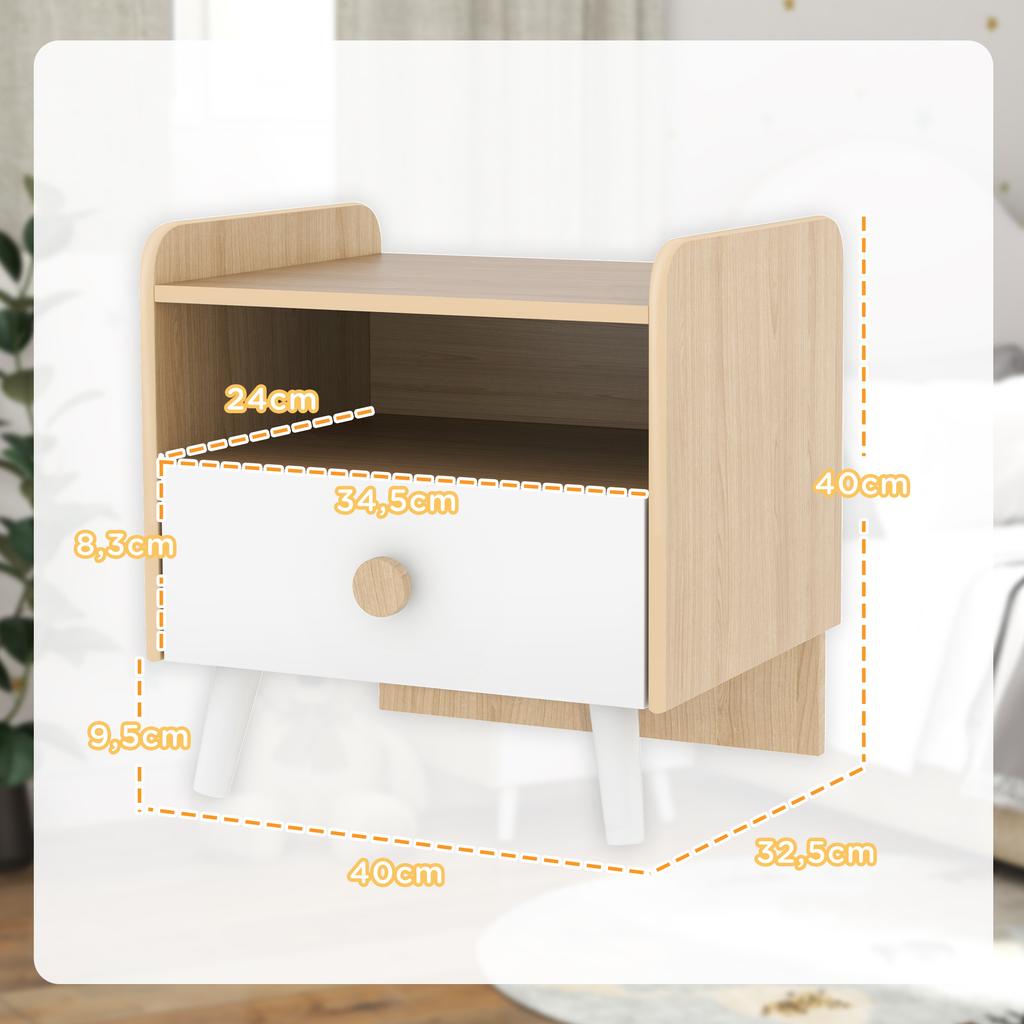 Kids Bedside Table with Drawer and Open Storage Shelf, Wooden Nightstand for Bedroom, Bedside Cabinet, White
