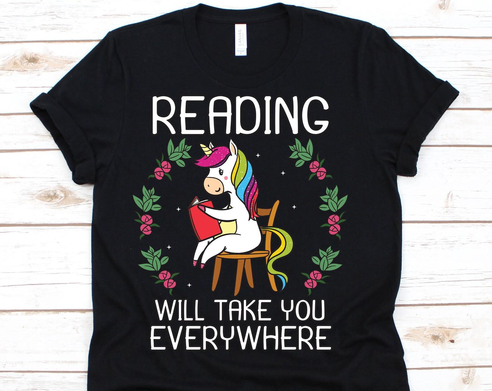 Reading Will Take You Everywhere T Shirt, Unicorn Shirt, Rainbow Unicorn, Bookworm, Book Lover, Reading Gift, Reading Tee L