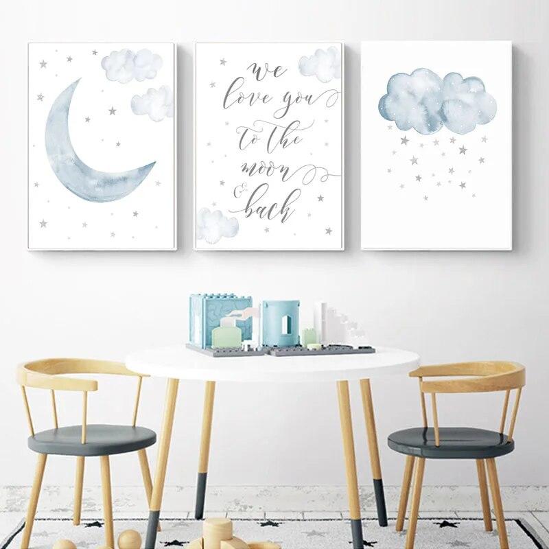 Child Poster Blue Moon Clouds Wall Art Canvas Nursery Quotes Print Nordic Kid Bedroom Decoration Picture Painting for Baby Room